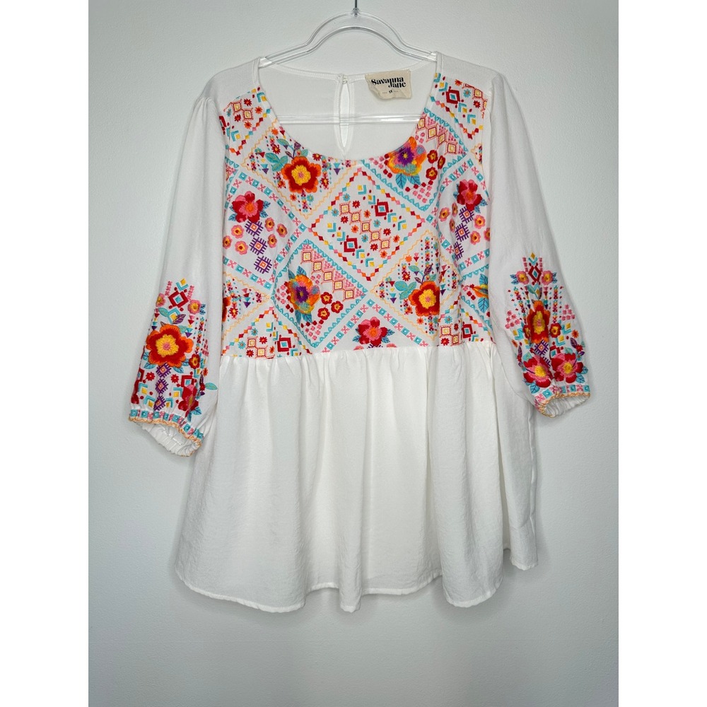 Savanna Jane Embroidered Tunic Top Size 1X White Floral Boho 3/4 Sleeves Cottage